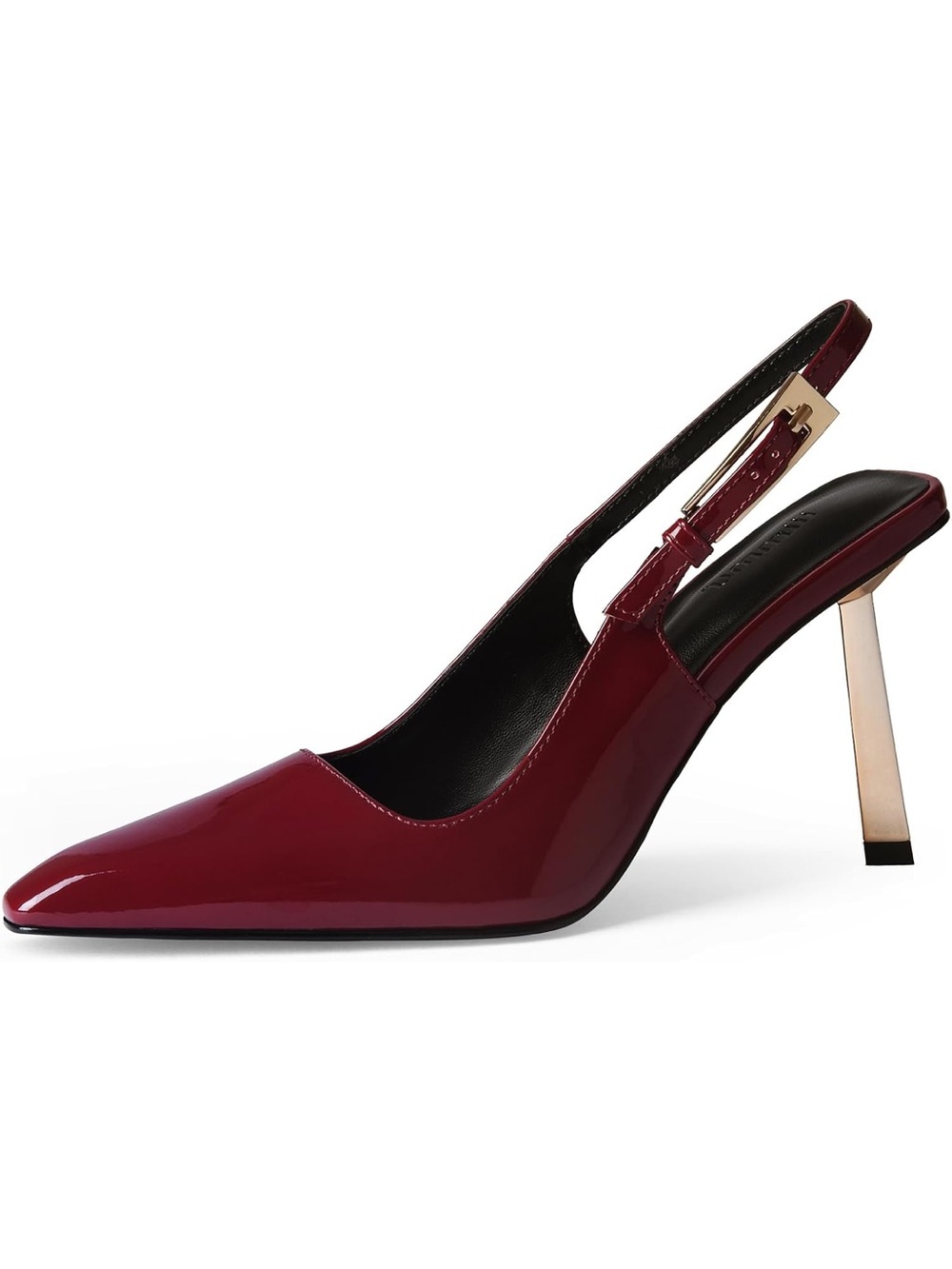 Patent Burgundy Slingback Pumps with Gold Stiletto Heel